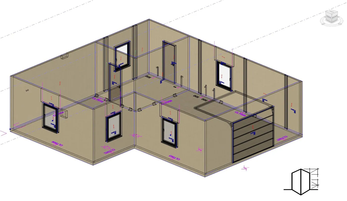 3D-Modell vorgefertigter Wandelemente mit Fenster- und Türöffnungen
