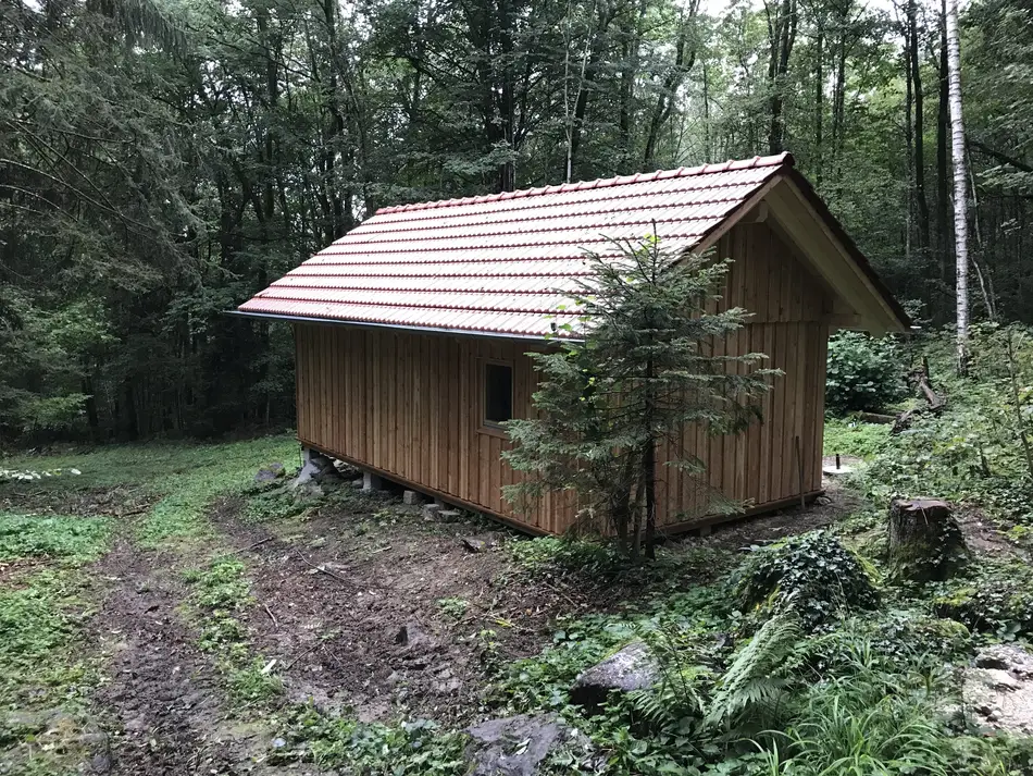 Fertige Holzhütte mit sägerauer Holzfassade und Ziegeldach am Waldrand